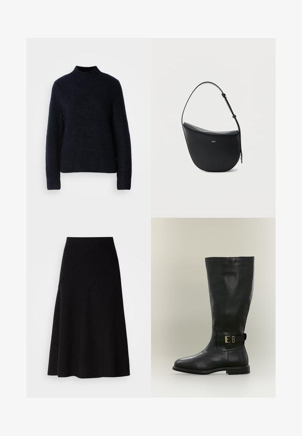 Pull en tricot bleu marine avec un col montant, des manches longues et un ourlet côtelé. Texture douce, coupe décontractée, sans motifs visibles ni détails en métal.; Jupe A-line en laine noire avec une taille mi-haute, présentant des coutures diagonales et une texture lisse, tombant juste en dessous du genou.; Botte haute en cuir noir avec un talon bas et une bride latérale à petite boucle dorée, présentée sur un fond neutre.; Sac à bandoulière en cuir noir en forme de demi-lune avec une bandoulière réglable et le logo doré « BOSS » centré sur le devant.