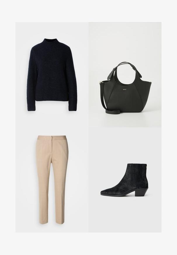 Pull en tricot bleu marine avec un col montant, des manches longues et un ourlet côtelé. Texture douce, coupe décontractée, sans motifs visibles ni détails en métal.; Pantalons beige ajustés en tissu texturé, coupe slim, taille mi-haute et design à jambes droites. Fermeture à bouton et zip à l'avant.; Bottine noire à bout pointu, en matériau texturé imitant les cheveux, avec un panneau latéral à nervures et un petit talon carré. Un design simple et moderne.; Sac à main en cuir noir avec une surface texturée, un design courbé, des poignées doubles et une bandoulière amovible. Présente un logo de marque à l'avant.