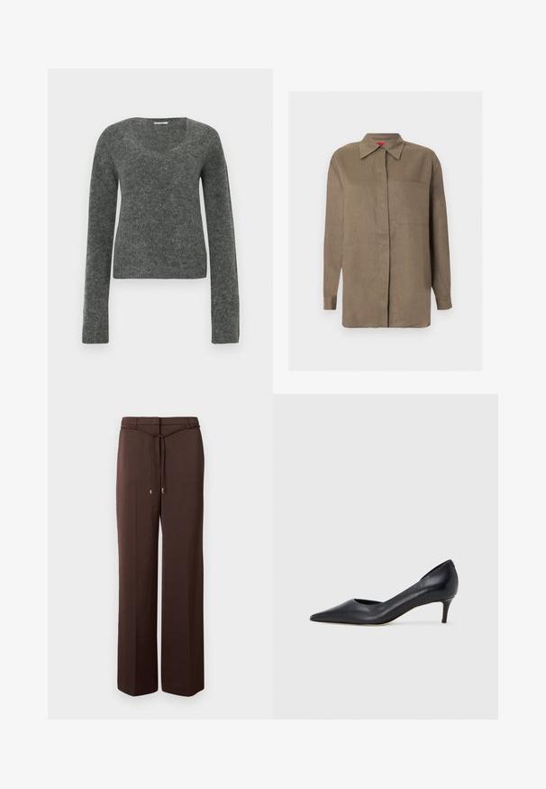Pull gris à manches longues en tissu doux et texturé, avec un col large et arrondi et une silhouette ajustée.; Chemise marron à manches longues avec boutons, col pointu et une poche poitrine, présentée sur un fond clair uni.; Pantalon marron à jambes larges avec une ceinture fine en tissu nouée à la taille et des extrémités métalliques, présenté sur un fond blanc uni.; Escarpin en cuir noir avec un bout pointu et un talon bas. Présente une texture lisse et un éclat subtil. Découpe ouverte à l'avant pour un détail supplémentaire.