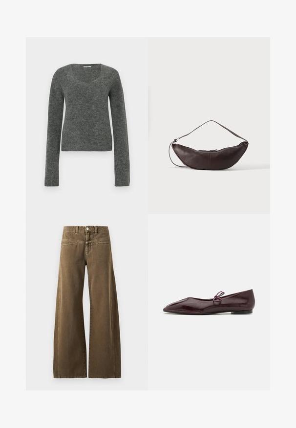 Pull gris à manches longues en tissu doux et texturé, avec un col large et arrondi et une silhouette ajustée.; Pantalon marron taille haute à jambes larges avec bouton devant, passants de ceinture, et coutures visibles sur fond clair.; Ballerines en cuir verni bordeaux avec un bout pointu et un nœud décoratif violet sur le cou-de-pied ; design à semelle plate.; Sac d'épaule en cuir marron foncé en forme de croissant avec une lanière courbée et des coutures visibles sur fond uni.