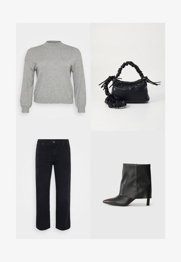 Suéter de punto gris claro con mangas largas, cuello redondo acanalado, puños y bajo, exhibido sobre un fondo blanco.; Jeans de denim negro con un diseño de pierna recta. Las características incluyen un cierre de botón en la cintura, trabillas para cinturón y bolsillos delanteros y traseros. Textura suave.; Botín negro de piel lisa con punta afilada y tacón cónico. La parte superior presenta un diseño ligeramente fruncido.; Bolso de mano de imitación cuero negro con textura de cocodrilo, parte superior fruncida y correa arrugada. Presenta un diseño suave y compacto.