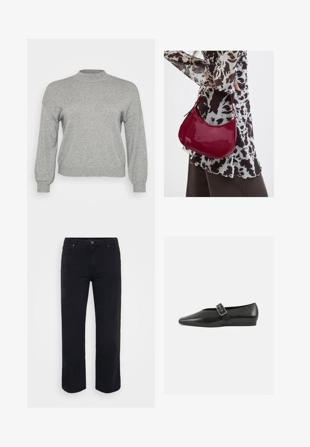 Lysegrå strikket sweater med lange ærmer, ribbestrikket rund hals, manchetter og kant, præsenteret på en hvid baggrund.; Sorte denimjeans med lige ben-design. Funktioner inkluderer en knaplukning i taljen, bæltestropper og front-/baglommer. Glat tekstur.; Sorte læder flade sko med spidse tæer, prydet med en metallisk spænde over vristen og en lav, fleksibel sål.; Kvinde iført en sort- og hvidmønstret bluse, der holder en blank rød skuldertaske mod en ensfarvet baggrund.
