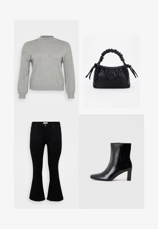 Pull en tricot gris clair à manches longues, avec un col rond côtelé, des poignets et un ourlet, présenté sur un fond blanc.; Jeans évasés noirs en denim doux, avec une taille cintrée, des poches avant et un ourlet évasé pour un ajustement décontracté.; Bottine noire en cuir brillant, avec un bout pointu et un talon carré moyen, présentant une texture lisse et un design simple.; Sac à main noir avec texture crocodile, bord supérieur froncé, poignée plissée et pompons à cordon de chaque côté sur fond blanc.