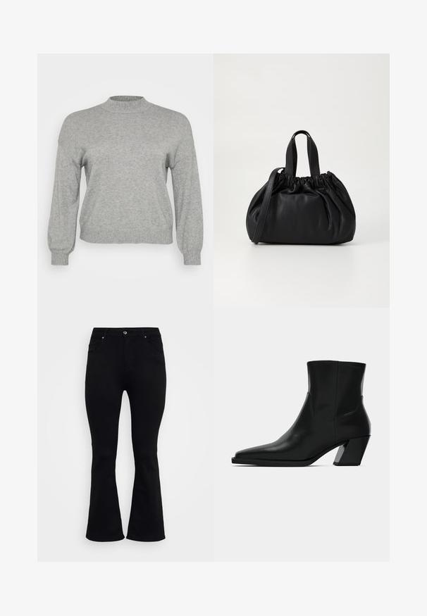 Suéter de punto gris claro con mangas largas, cuello redondo acanalado, puños y bajo, exhibido sobre un fondo blanco.; ONLY Carmakoma Flared fit CARWILLY High waist - Vaqueros a campana - black denim; Bota de tobillo de cuero negro con punta afilada, una silueta elegante y un tacón cuadrado grueso. Textura suave con detalles de costura mínimos.; Bolso de mano de cuero negro con un diseño de parte superior fruncida, que cuenta con dos asas cortas y una correa larga ajustable. Textura suave, forma redondeada.