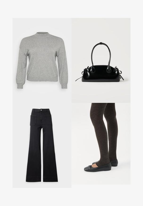 Pull en tricot gris clair à manches longues, avec un col rond côtelé, des poignets et un ourlet, présenté sur un fond blanc.; Pantalon noir taille haute à jambes larges avec poches plaquées avant et fermeture par boutons, posé à plat sur un fond clair uni.; Jambes portant des leggings côtelés foncés associés à des ballerines noires avec de petits détails en nœud sur fond blanc.; Petit sac à main noir brillant avec deux longues anses et des détails à cordon sur les côtés sur un fond clair uni.