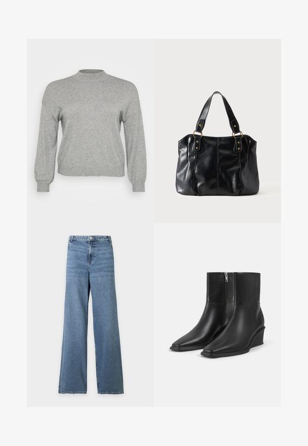 Pull en tricot gris clair à manches longues, avec un col rond côtelé, des poignets et un ourlet, présenté sur un fond blanc.; Jean bleu taille haute à jambes larges avec fermeture avant par bouton et fermeture éclair, et design classique à cinq poches sur fond uni.; Paire de bottines en cuir noir avec bouts pointus, talons compensés et fermetures éclair latérales sur un fond clair uni.; Sac à épaule en cuir noir avec double anses attachées par des anneaux et rivets dorés, surface lisse et légèrement brillante, design simple.