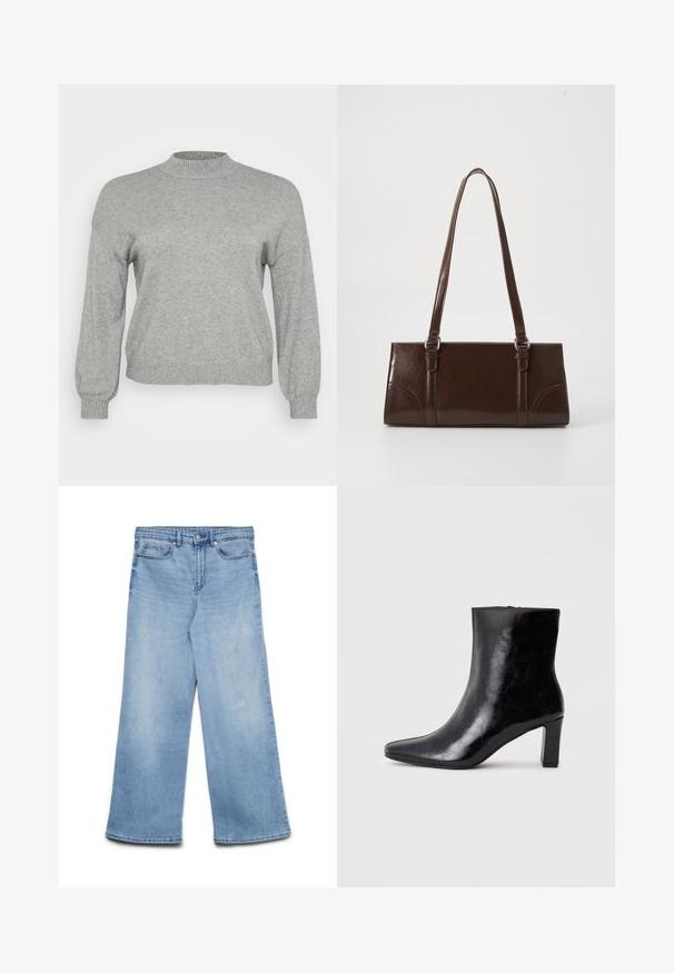 Hellgrauer, gestrickter Pullover mit langen Ärmeln, geripptem Rundhalsausschnitt, Bündchen und Saum, auf einem weißen Hintergrund präsentiert.; Hellblaue Jeans mit weitem Bein, vorderem Knopf- und Reißverschluss, Gürtelschlaufen sowie Front- und Münztaschen.; Schwarze Knöchelstiefel aus glänzendem Leder mit spitzem Zustand und mittelhohem Blockabsatz, mit glatter Textur und einfachem Design.; Braune Lackleder-Handtasche in rechteckiger Form, mit zwei langen Griffen und subtilen, geschwungenen Akzenten auf der Vorderseite.