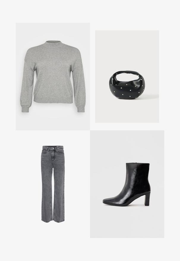 Lysegrå strikket sweater med lange ærmer, ribbestrikket rund hals, manchetter og kant, præsenteret på en hvid baggrund.; Grå denimjeans i høj talje og med lige ben, med frontknap, lynlåslukning og klassisk design med fem lommer.; Sorte ankelstøvler lavet af blank læder, med spidse tæer og en mellemstor blokhæl, med en glat tekstur og et enkelt design.; Sort læderhåndtaske med en rundet form, dekoreret med sølvnitter, og et kort håndtag. Glat tekstur og lynlåslukning.