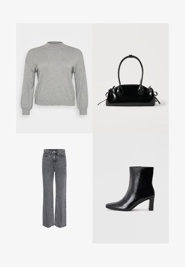 Pull en tricot gris clair à manches longues, avec un col rond côtelé, des poignets et un ourlet, présenté sur un fond blanc.; Jean en denim gris taille haute, coupe droite, avec bouton à l'avant, fermeture éclair, et design classique à cinq poches.; Bottine noire en cuir brillant, avec un bout pointu et un talon carré moyen, présentant une texture lisse et un design simple.; Petit sac à main noir brillant avec deux longues anses et des détails à cordon sur les côtés sur un fond clair uni.