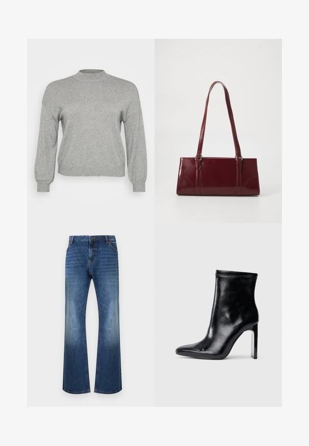 Hellgrauer, gestrickter Pullover mit langen Ärmeln, geripptem Rundhalsausschnitt, Bündchen und Saum, auf einem weißen Hintergrund präsentiert.; Blaue Denim-Jeans mit leicht ausgestelltem Bein, ausgebleichten vorderen Oberschenkeln, Vordertaschen und orangen Nähten, flach auf weißem Hintergrund liegend.; Schwarze Lederstiefelette mit spitzem Zeh und hohem, transparentem Absatz. Glatte Oberfläche und minimales Nähdetail an der Oberseite.; Burgunderfarbene Handtasche aus glänzendem Material, rechteckige Form, mit zwei Schulterriemen und subtilen, geschwungenen Akzenten an der Vorderseite.