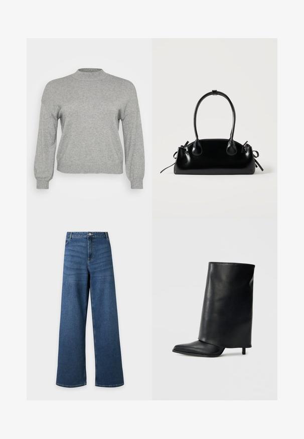 Hellgrauer, gestrickter Pullover mit langen Ärmeln, geripptem Rundhalsausschnitt, Bündchen und Saum, auf einem weißen Hintergrund präsentiert.; Blaue Jeans mit weitem Bein, vorne mit Knopf- und Reißverschluss, vorderen Taschen und Gürtelschlaufen, flach auf hellem Hintergrund liegend dargestellt.; Schwarzer Leder-Stiefelette mit einem strukturierten, umgeschlagenen Design, spitzer Zehe und dünnem Absatz. Glatte Textur mit minimalen Details.; Kleine schwarze glänzende Handtasche mit zwei langen Griffen und seitlichen Kordelzug-Details vor einfachem hellem Hintergrund.