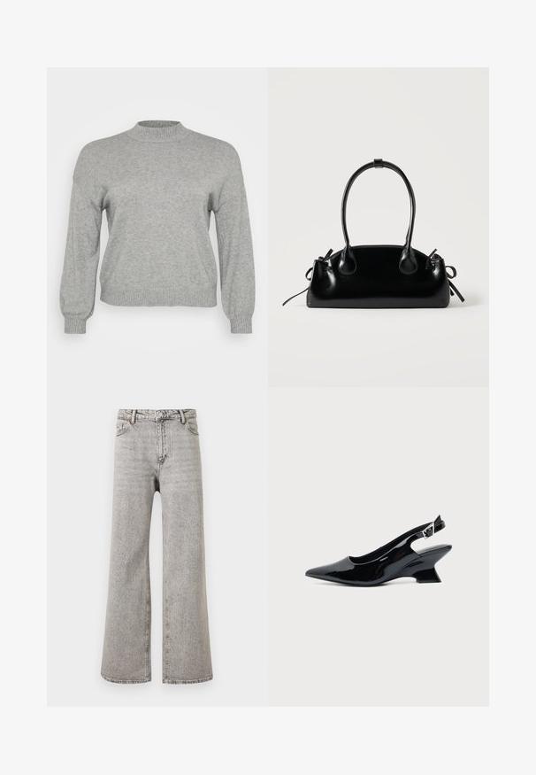 Pull en tricot gris clair à manches longues, avec un col rond côtelé, des poignets et un ourlet, présenté sur un fond blanc.; Jean denim gris taille haute, coupe droite, avec bouton devant, fermeture éclair et design cinq poches sur fond blanc uni.; Chaussure slingback en cuir verni noir avec bout pointu et petit talon bloc incliné sur fond clair uni.; Petit sac à main noir brillant avec deux longues anses et des détails à cordon sur les côtés sur un fond clair uni.