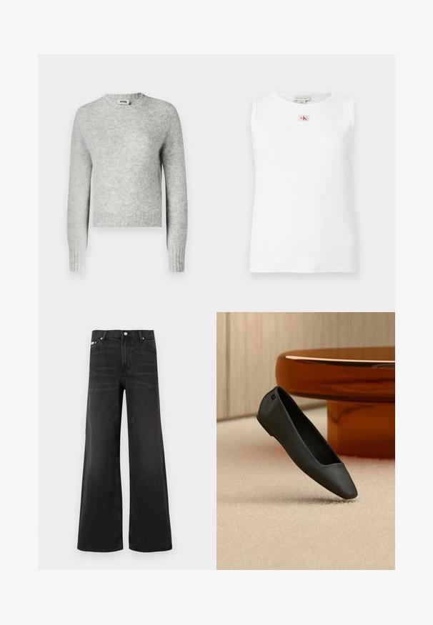 Suéter recortado gris claro en material de punto suave, con un cuello redondo y puños acanalados. Sin patrones ni adornos notables.; Camiseta sin mangas blanca de canalé con pequeño logo de Calvin Klein en rojo y negro centrado debajo del cuello.; Pantalones vaqueros negros de corte ancho con cierre frontal de botón y cremallera, trabillas para cinturón y estilo de cinco bolsillos.; Zapato plano negro de punta afilada descansando sobre una alfombra beige cerca de una mesa redonda de color ámbar en un entorno de habitación minimalista.