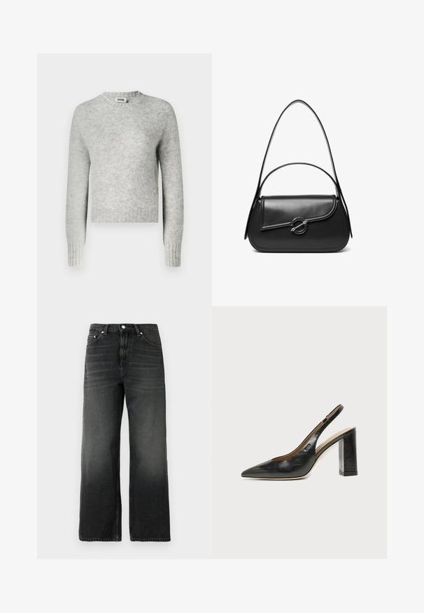 Pull cropped gris clair en maille douce, avec un col rond et des poignets côtelés. Aucun motif ou embellissement notable.; Jean en denim noir avec une coupe décontractée, design à jambe droite, texture délavée, style à cinq poches et bouton argenté de fermeture à la taille.; Chaussure slingback en cuir noir à bout pointu avec un talon bloc haut et une doublure intérieure beige sur un fond clair uni.; Sac à bandoulière en cuir noir avec un rabat incurvé fermé par un fermoir métallique rond et une sangle fine et ajustable.
