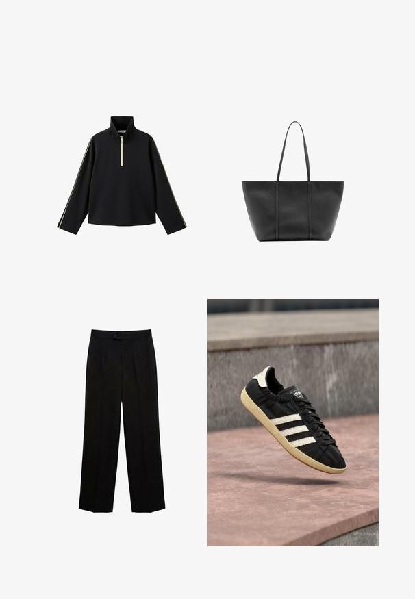Pull-over noir à manches longues avec un col montant, une fermeture à glissière partielle à l'avant et de fines rayures contrastantes courant le long des manches.; Pantalon noir à jambes droites avec fermeture par bouton et zip, à taille haute avec plis devant.; Baskets Adidas noires avec des bandes blanches et une semelle beige, capturées en plein air au-dessus d'une surface en pierre et d'un mur en pierre en arrière-plan.; Sac cabas en cuir noir avec de longues anses fines, une surface texturée et une ouverture large en haut.