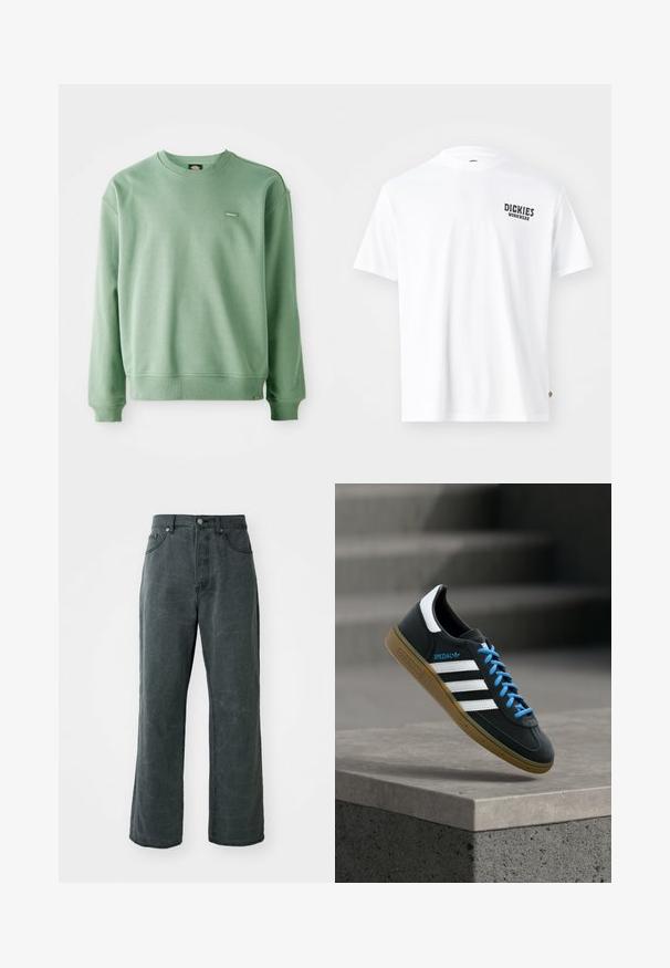 Roheline crewneck-sviiter, mis on valmistatud pehmest kangast, ribikottide ja alläärega ning väikese logotagiga ees. Sile tekstuur.; Valge puuvillane T-särk ümmarguse kaelusega, lühikeste varrukatega ning vasakul rinnal väike must "Dickies Workwear" logo. Sujuv tekstuur, standardne lõige.; Laiad tumedad hallid teksad, mis on valmistatud denimist, kõrge vöökohaga, viie taskuga disainiga ja kergelt kulunud tekstuuriga.; Must Adidas toss valgete triibu, siniste paelte ja kummist tallaga, hõljuv pehme valgusega halli betoonastme kohal.