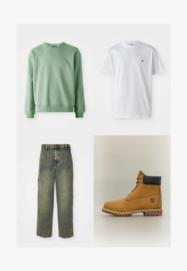 Vihreä crewneck-collegepaita, joka on valmistettu pehmeästä kankaasta. Paidan hihansuissa ja helmassa on ribattu viimeistely, ja edessä on pieni logotagi. Pintakuvio on sileä.; Valkoinen puuvillapaita lyhyillä hihoilla, pyöreä kaula-aukko, jossa on pieni kultainen logo vasemmassa rintapielessä. Pehmeä kangas ja normaali istuvuus.; Löysät farkut haalistuneessa sinisen ja vihreän sävyssä. Varustettu napituksella, vyölenkeillä ja sivutaskuilla. Tasainen etuosa ja suora lahjemuoto.; Ruskeat nahkaiset nilkkurit, joissa musta kaulus, keltaiset nauhat ja vaalea pohja. Varustettu logolla ja valkoisilla sauman yksityiskohdilla. Kestävä, pitävä ulkopohja.