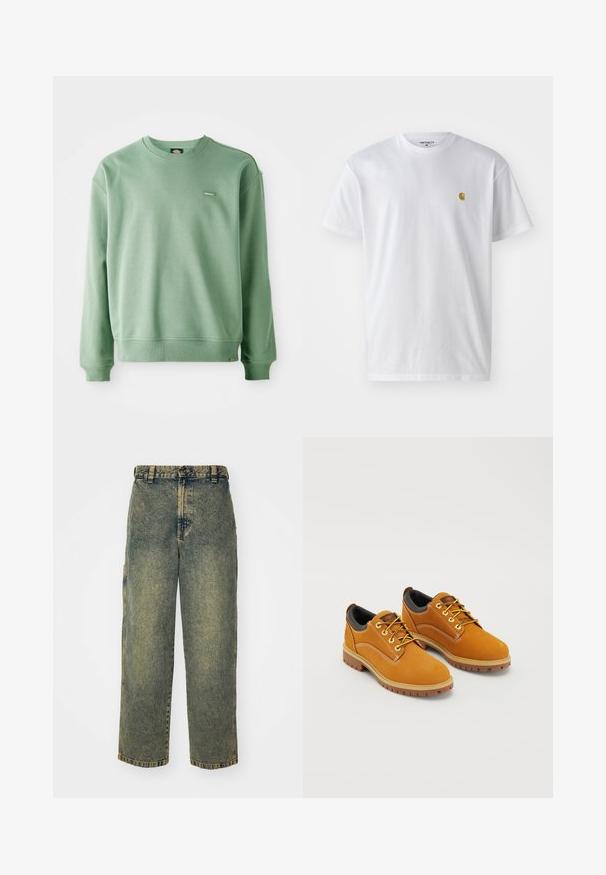 Roheline crewneck-sviiter, mis on valmistatud pehmest kangast, ribikottide ja alläärega ning väikese logotagiga ees. Sile tekstuur.; Valge puuvillane t-särk lühikeste varrukatega, ümmargune kaelus, millel on väike kuldne logo vasakul rinnal. Pehme tekstuur ja regulaarne lõike.; Laiad teksad pleekinud sinise ja rohelise värviga. Varustatud nööbist sulgemisega, vöökontuuridega ja küljetaskutega. Lame esipaneel ja sirged sääred.; Pruuni suede'ist kingad ümarate varvastega, kollaste nööpide, pehmendatud musta kaeluse ja kummitaldadega, mis on varustatud haarderaamidega.