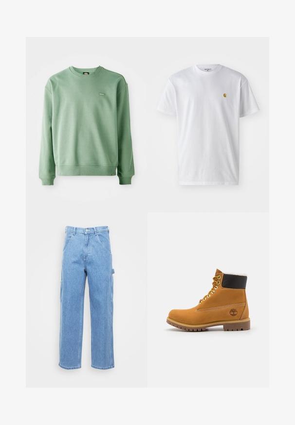 Grøn crewneck sweatshirt lavet af blødt stof, med ribbede manchetter og kant, samt et lille logo tag på fronten. Glat tekstur.; Hvid bomulds t-shirt med korte ærmer, rund hals og et lille guld logo på venstre brystområde. Blød tekstur og almindelig pasform.; Lyseblå denim cargo bukser med lige ben, forlommer og sidelommer. Stofstrukturen er glat med en let falmet overflade.; Brune læder ankelstøvle med metaløjer, hvid pelsforing, sort polstret krave, robust sål og præget logo på siden.