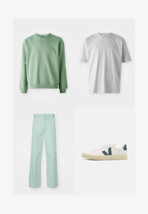 Groene crewneck sweatshirt van zacht materiaal, met ribbels op de manchetten en onderkant, en een klein logo label aan de voorkant. Effen textuur.; Grijs t-shirt met korte mouwen, gemaakt van zacht materiaal. Het heeft een ronde halslijn en een subtiele geborduurde logo op de voorkant.; Lichtgroene broek van katoen met een rechte pijp, voorzien van een gladde textuur en een standaard tailleband met riemlussen.; Witte leren sneaker met een teal suede logo, ronde neus, vetersluiting en rubberen zool met textuurdetails. Merkenaam "VEJA" in goud.