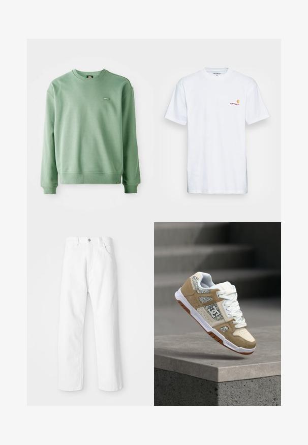 Groene crewneck sweatshirt van zacht materiaal, met ribbels op de manchetten en onderkant, en een klein logo label aan de voorkant. Effen textuur.; Witte katoenen t-shirt met korte mouwen. Ontworpen met een klein oranje en kastanjebruin logo op de linkerkant van de borst. Heeft een klassieke ronde hals.; Witte denim broek met een rechte pijpdesign, voorzien van een sluiting met een voorknoop en ritssluiting, vijf zakken en een schone, gestructureerde afwerking.; Beige en witte sneaker met luipaardprintpanelen en witte veters zwevend boven een betonnen richel tegen een wazige achtergrond van trappen.