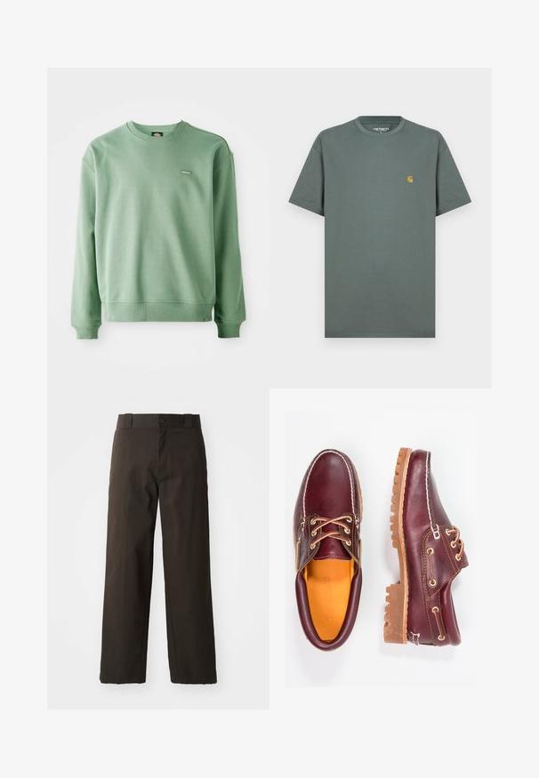 Vihreä crewneck-collegepaita, joka on valmistettu pehmeästä kankaasta. Paidan hihansuissa ja helmassa on ribattu viimeistely, ja edessä on pieni logotagi. Pintakuvio on sileä.; Harmaa puuvillapaita lyhyillä hihoilla, pyöreällä kaula-aukolla ja pienellä keltaisella logolla vasemmassa rinnassa. Sileä pinta, klassinen malli.; Mustat puuvillahousut suoralla lahkeella, joissa on nappisulku ja klassinen vyötärö. Sujuva rakenne, ilman kuvioita tai yksityiskohtia.; Burgundin nahkakengät ruskeilla kumipohjilla, pyöreällä kärjellä, valkoisella ompelulla ja kultaisilla nauha-aukkoilla. Sisäpuolella on keltainen vuori.
