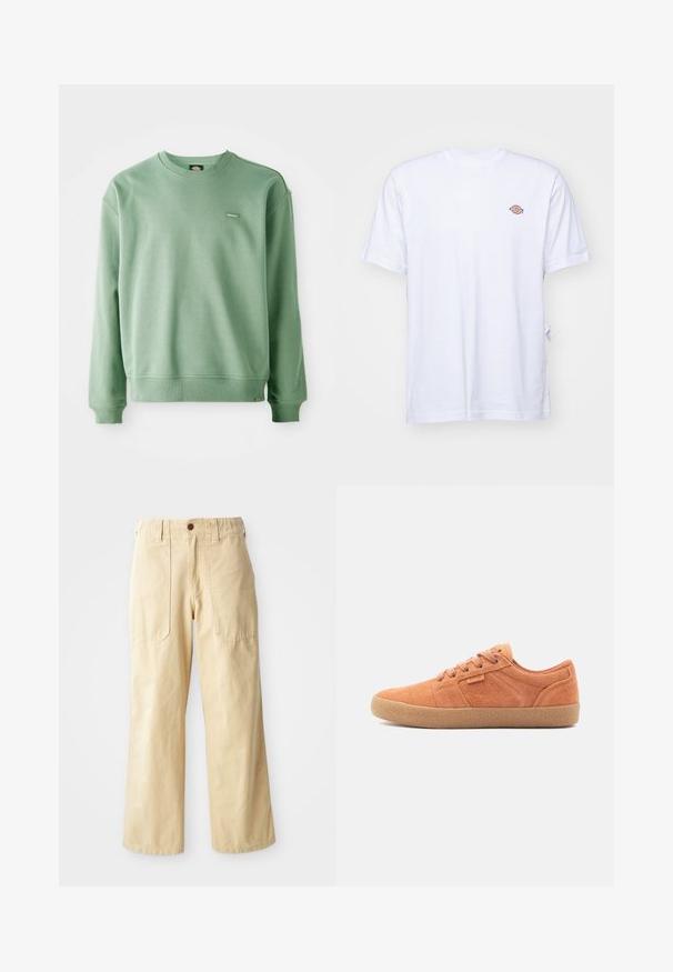 Grüner Rundhalsausschnitt-Pullover aus weichem Stoff, mit gerippten Bündchen und Saum sowie einem kleinen Logoprogramm auf der Vorderseite. Glatte Textur.; Weißes Baumwoll-T-Shirt mit V-Ausschnitt und kurzen Ärmeln. Besitzt ein kleines, buntes, gesticktes Logo auf der linken Brustseite. Weiches Material.; Beige Weitbein-Hosen aus Baumwolle. Sie haben eine hohe Taille, zwei vordere Taschen mit flachem Design und einen einzelnen Knopfverschluss.; Sandfarbene Wildledersneaker mit texturiertem Obermaterial, runder Zehenpartie und Gummisohle. Verfügt über eine Schnürdesign und gestickte Akzente an den Seiten.