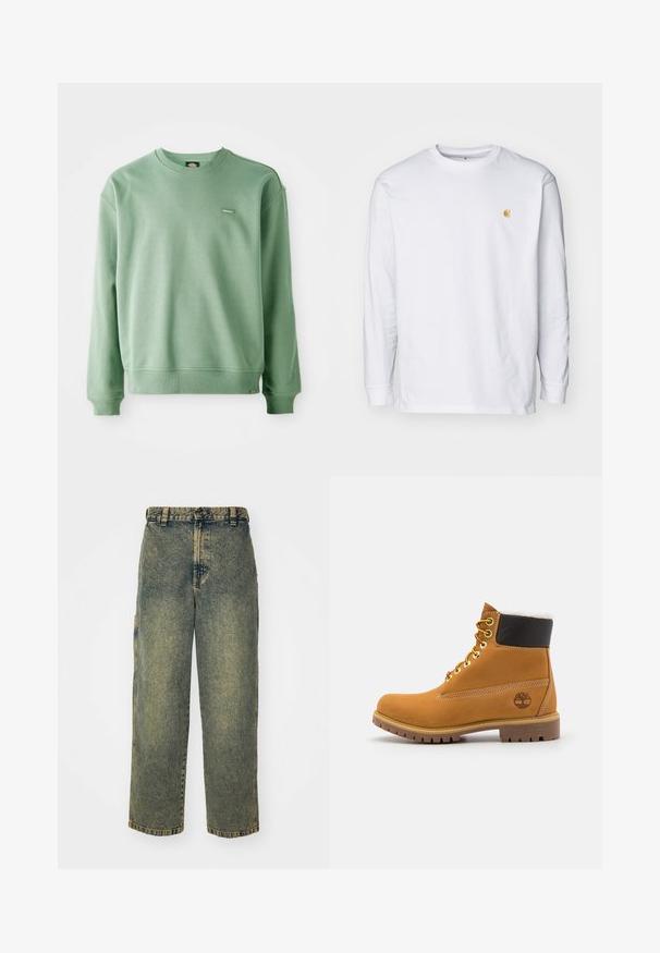 Roheline crewneck-sviiter, mis on valmistatud pehmest kangast, ribikottide ja alläärega ning väikese logotagiga ees. Sile tekstuur.; Valge pika varrukaga T-särk, mis on valmistatud puuvillast. Rinnal on väike kuldne logo ja ümar kaelus. Lihtne disain ja standardne lõige.; Laiad teksad pleekinud sinise ja rohelise värviga. Varustatud nööbist sulgemisega, vöökontuuridega ja küljetaskutega. Lame esipaneel ja sirged sääred.; Pruun nahast pahkluu saabas metallist silmadega, valge karvane vooder, must pehmendatud krae, robustne tallal ja küljes reljeefne logo.