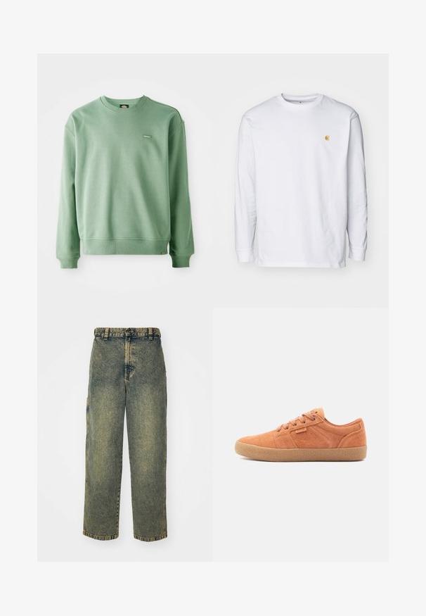 Grüner Rundhalsausschnitt-Pullover aus weichem Stoff, mit gerippten Bündchen und Saum sowie einem kleinen Logoprogramm auf der Vorderseite. Glatte Textur.; Weißes Langarm-T-Shirt aus Baumwolle. Mit kleinem goldenem Logo auf der Brust und Rundhalsausschnitt. Einfaches Design und normale Passform.; Baggy-Jeans aus Denim in einer verblassten Blauen und Grünen Waschung. Mit Knopfverschluss, Gürtelschlaufen und Seitentaschen. Flaches Vorderteil und gerades Bein-Design.; Sandfarbene Wildledersneaker mit texturiertem Obermaterial, runder Zehenpartie und Gummisohle. Verfügt über eine Schnürdesign und gestickte Akzente an den Seiten.