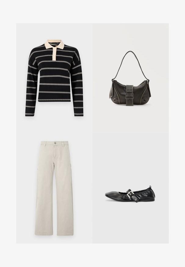 Schwarzes Langarm-Polohemd mit cremefarbenen horizontalen Streifen, ausgestattet mit einem cremefarbenen Kragen und einer Knopfleiste mit drei Knöpfen. Weiche Stricktextur.; Beige Cargo-Hose mit geradem, weitem Bein, ausgestattet mit Seitentaschen und einem Knopfverschluss, aus robustem Baumwollmaterial gefertigt.; Schwarze Leder-Ballerinas mit spitzem Zehenbereich, gerafften Details am Schaft und einem silbernen Schnallenakzent am verstellbaren Riemen.; Schwarze Leder-Schultertasche mit Schnallengurt-Detail, abgerundeten Kanten und kontrastierenden weißen Nähten auf schlichtem Hintergrund.
