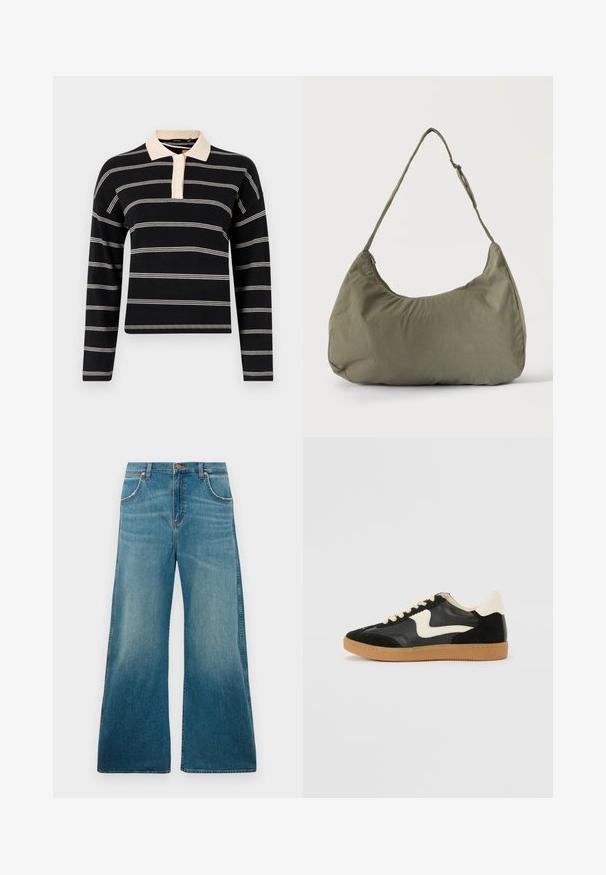 Polo shirt noir à manches longues avec des rayures horizontales crème, présentant un col crème et une patte de boutonnage à trois boutons. Texture en maille douce.; Jeans en denim bleu taille haute avec jambes larges, poches avant, fermeture à bouton et dégradé de couleur usé allant de la taille à l'ourlet.; Baskets en daim et cuir noir avec un swoosh latéral crème et un talon crème clair. Dotées de lacets beige et d'une semelle en caoutchouc gomme.; Sac à épaule en tissu doux vert olive avec fermeture éclair et bandoulière réglable sur un fond uni clair.