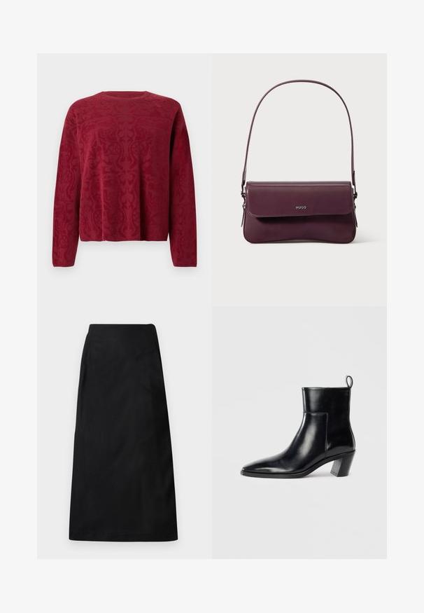 Rød pullover-sweater med lange ærmer og et tekstureret mønster. Rund halsudskæring og afslappet pasform. Blødt, strikket stof.; DRYKORN AMBAR - A-snit nederdel - black; Sort læder ankelstøvle med spids tå, geometrisk stablet hæl og en løftestrop bagpå. Glat tekstur og slankt design.; Bordeauxfarvet lædertaske med et struktureret design, der har en klaplukning og en justerbar rem. Logo detaljer præget på forsiden.