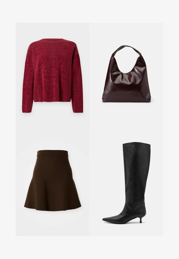 Pull-over rouge à manches longues, présentant un motif texturé. Col rond et coupe décontractée. Tissu doux en maille.; Jupe évasée marron en tissu doux avec une texture lisse. Elle possède une taille ajustée et un design à hauteur du genou, sans motifs visibles.; Bottes en cuir noir montant jusqu'au genou avec un bout pointu et un petit talon. Texture lisse et design minimaliste sans matériel ou accents visibles.; Sac en cuir vegan bordeaux, brillant, avec une forme douce et sculpturale et une large poignée incurvée pour un transport facile.