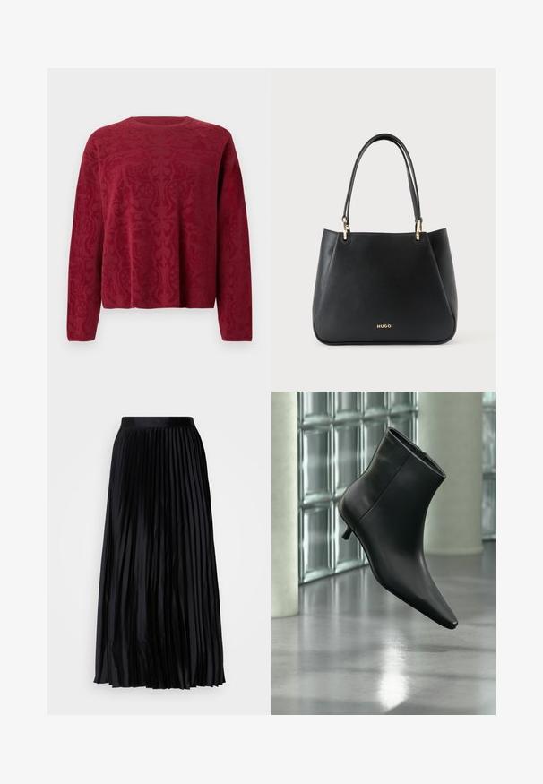 Rød pullover-sweater med lange ærmer og et tekstureret mønster. Rund halsudskæring og afslappet pasform. Blødt, strikket stof.; Sort plisseret nederdel lavet af glat stof med en bred talje, der har lodrette plisseringer for tekstur og bevægelse, der når til midt på læggen.; Sort læderankelstøvle med spids tå og lav kitten-hæ, vist vinklet mod en poleret gulv- og glasblokvæg.; Sort læderhåndtaske med to håndtag, guldfarvet hardware og "HUGO" logo foran i midten mod en lys, ensartet baggrund.