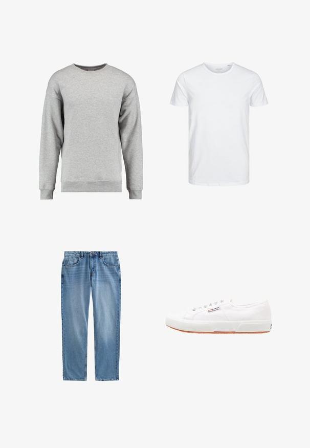 Lysegrå sweatshirt med lange ærmer og rund hals, med ribstrikkede manchetter og kant, ensfarvet blødt stof, ingen synlige mønstre eller logoer.; Rundhals kortærmet t-shirt i ensfarvet hvid, lavet af blød bomuld, har et simpelt design uden synlige mønstre eller detaljer.; Lyseblå denimjeans med lige ben, fem-lomme design, synlig syning og lynlås. Ingen slid eller mønstre.; Hvide kanvas sneakers med gummisål, snørebåndsdesign og et lille logo mærke på siden. Tekstureret hvid overdel og brun ydersål.