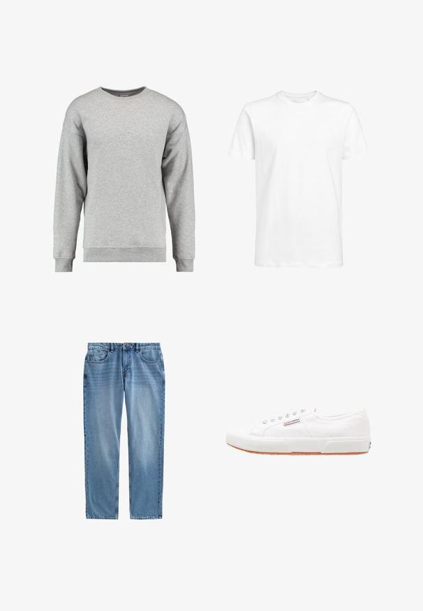 Lysegrå sweatshirt med lange ærmer og rund hals, med ribstrikkede manchetter og kant, ensfarvet blødt stof, ingen synlige mønstre eller logoer.; Hvid kortærmet t-shirt lavet af bomuld med en rund halsudskæring og en standard pasform. Enkel design, ingen mønstre eller synlige detaljer.; Lyseblå denimjeans med lige ben, fem-lomme design, synlig syning og lynlås. Ingen slid eller mønstre.; Hvide kanvas sneakers med gummisål, snørebåndsdesign og et lille logo mærke på siden. Tekstureret hvid overdel og brun ydersål.