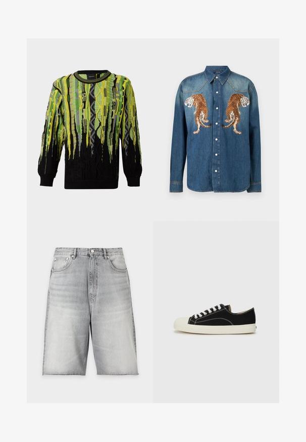Pull en tricot à manches longues avec des motifs abstraits verticaux dans des tons verts, jaunes, noirs et gris, avec un col rond et des poignets côtelés.; Chemise en jean à boutons avec col pointu, manches longues, et tigres brodés en miroir sur la poitrine.; Short en denim gris clair avec fermeture par bouton, poches avant, passants pour ceinture et ourlets bruts.; Baskets en toile noires avec des coutures blanches, un embout rond en caoutchouc et des lacets blancs. Présente un dessus en tissu texturé et une semelle beige.