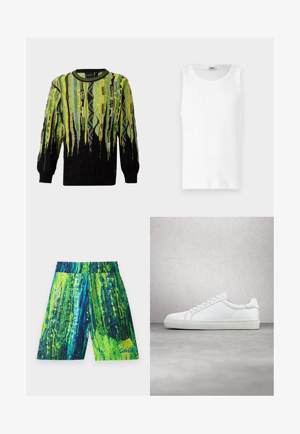 Pull en tricot à manches longues avec des motifs abstraits verticaux dans des tons verts, jaunes, noirs et gris, avec un col rond et des poignets côtelés.; Débardeur en coton blanc sans manches avec un col rond et une texture lisse. Design simple, sans motifs ni accents.; Shorts de bain pour hommes en vert vif et bleu, avec un motif éclaboussé, taille élastique et longueur mi-cuisse. Fabriqués en tissu léger.; Sneaker blanche avec une tige en cuir lisse et un profil bas. Présente un bout arrondi, six œillets et une semelle en caoutchouc texturé.
