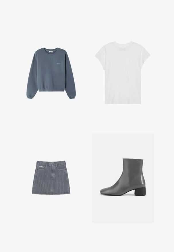 Blauer Baumwollpullover mit rundem Halsausschnitt, gerippten Bündchen und Saum. Auf der Vorderseite befindet sich ein kleines "American Vintage"-Logo in einer helleren Farbtönung.; Weißes kurzärmliges T-Shirt mit Rundhalsausschnitt, lockerer Passform, aus weichem Baumwollstoff. Glatte Textur, keine Muster oder Logos.; Grauer Denimrock mit vertikalen weißen Streifen, einem strukturierten A-Linien-Design, fünf Gürtelschlaufen und dezenten Fronttaschen. Kurze Länge.; Grau Leder Stiefelette mit einem eleganten Design, spitzem Zehenbereich und einem kurzen Blockabsatz. Glatte Textur mit minimaler Markenkennzeichnung an der Seite.
