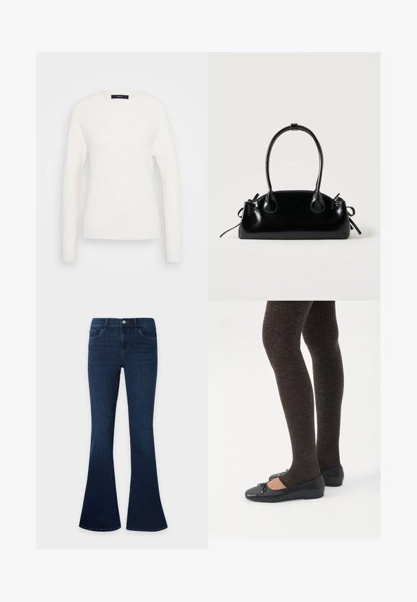 Pull blanc à manches longues avec col rond, doté de poignets et d'un ourlet côtelés, présenté sur un fond gris clair uni.; Jean en denim bleu foncé avec une taille haute et des jambes évasées, avec poches avant, passants de ceinture et fermeture par bouton.; Jambes portant des leggings côtelés foncés associés à des ballerines noires avec de petits détails en nœud sur fond blanc.; Petit sac à main noir brillant avec deux longues anses et des détails à cordon sur les côtés sur un fond clair uni.