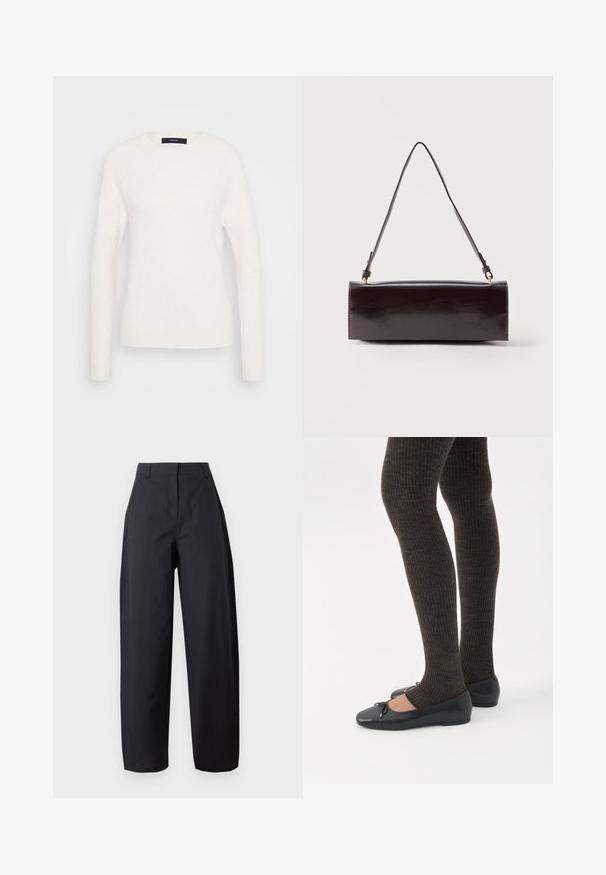 Pull blanc à manches longues avec col rond, doté de poignets et d'un ourlet côtelés, présenté sur un fond gris clair uni.; Pantalon noir taille haute à jambes larges avec poches avant et passants de ceinture, présenté sur un fond clair uni.; Jambes portant des leggings côtelés foncés associés à des ballerines noires avec de petits détails en nœud sur fond blanc.; Sac à main rectangulaire en cuir noir avec une longue bandoulière unique et une finition brillante, présenté sur un fond blanc uni.