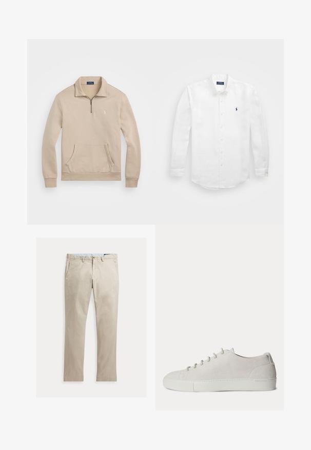 Beež pullover-sviiter, millel on veerand-tõmblukuga krae, soonikkoes mansetid, eesmine tasku ja väike logo rinnal. Pehme, fleece-tüüpi materjal.; Valge pikavarrukaga puuvillane särk, millel on nööpidega kaelus, vasakul rinnal väike tumesinine logo ja klassikaline nööpide sulgemine.; Beežid sirgete säärega puuvillased püksid ees taskute, vööaasade, nööbi- ja tõmblukuga, laotatud valgel taustal.; Valged madala servaga seemisnahast tossud esikäe paeltega ja kummipõhjaga, minimalistlik disain.