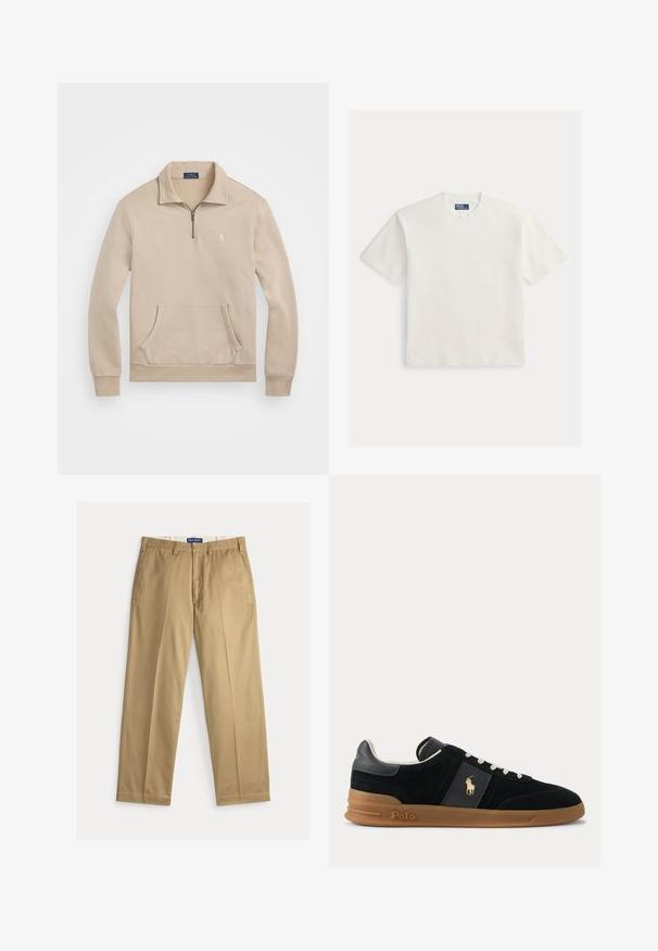 Beige pullover sweatshirt met een kwart-rits kraag, ribgebreide manchetten, een voorzak en een klein logo op de borst. Zacht, fleeceachtig materiaal.; Effen witte T-shirt met korte mouwen en een ronde hals, met een klein label van Polo by Ralph Lauren aan de binnenkant van de kraag.; Beige chinos gemaakt van katoenen stof. Recht gesneden met een platte voorkant, twee zijzakken en een tailleband met knoopsluiting.; Zwarte lage sneaker met witte veters, bruine rubberen zool en gouden Polo-logo aan de zijkant en op het hielstukje.