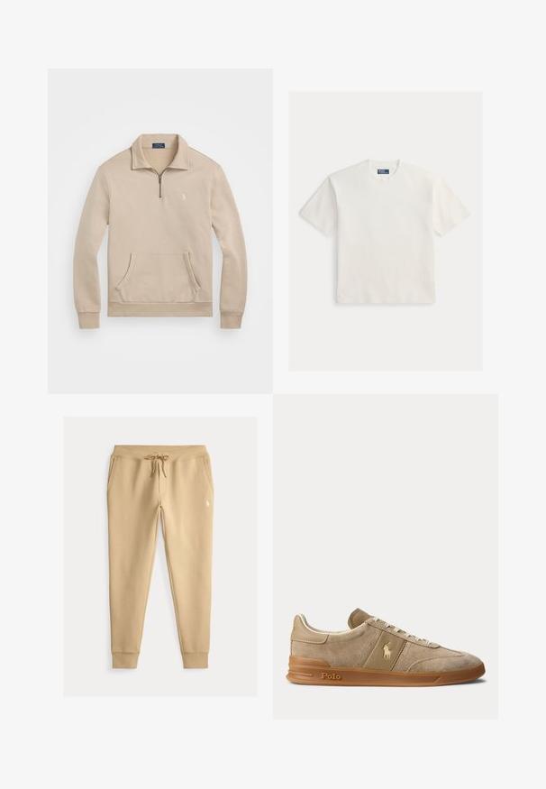 Beež pullover-sviiter, millel on veerand-tõmblukuga krae, soonikkoes mansetid, eesmine tasku ja väike logo rinnal. Pehme, fleece-tüüpi materjal.; Valge lühikeste varrukatega T-särk, millel on ümara kaelusega krae ja väikese Polo by Ralph Laureni sildiga kaeluses sees.; Beezit värvi kitsad dressipüksid paelaga vöökohal, küljetaskud, soonikkäärid ja väike valge tikandiga logo vasakul reiel.; Beež color veluurist ja nahast madala säärega toss kummikõrrega, valgete paelte ja Polo logoga küljel ning tallal.