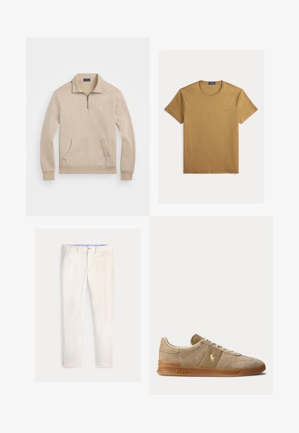 Beiger Pullover-Sweatshirt mit einem 1/4-Reißverschlusskragen, gerippten Bündchen, Fronttasche und einem kleinen Logo auf der Brust. Weiches, fleeceartiges Material.; Schlichtes braunes T-Shirt mit kurzen Ärmeln und Rundhalsausschnitt mit kleinem besticktem Polo Ralph Lauren-Logo auf der linken Brust.; Herren Slim-Fit-Hose in Off-White mit Fronttaschen, Gürtelschlaufen und Knopfverschluss vor einfarbigem Hintergrund.; Beiger Wildleder- und Leder-Low-Top-Sneaker mit Gummisohle, weißen Schnürsenkeln und Polo-Logo an der Seite und an der Sohle.