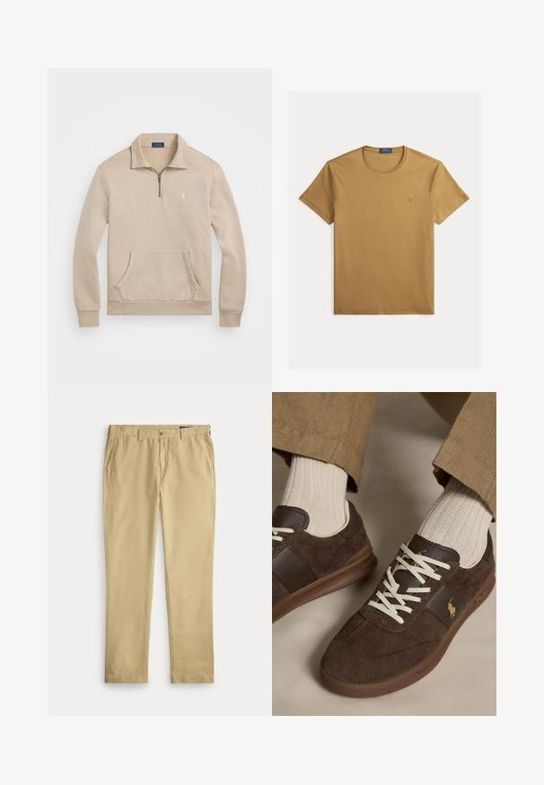 Beež pullover-sviiter, millel on veerand-tõmblukuga krae, soonikkoes mansetid, eesmine tasku ja väike logo rinnal. Pehme, fleece-tüüpi materjal.; Lihtne kaamelpruun lühikeste varrukatega ümara kaelusega T-särk, mille vasakul rinnal on väike tikandiga Polo Ralph Laureni logo.; Beežid meeste sirgete säärega püksid vööaasade, eesnuppu, tõmbluku ja küljetaskutega ühtsel valgel taustal.; Pruunid seemisnahast tossud valgete paeltega, kantud beežide soonikkoes sokkidega ja heledate pruunide pükstega.