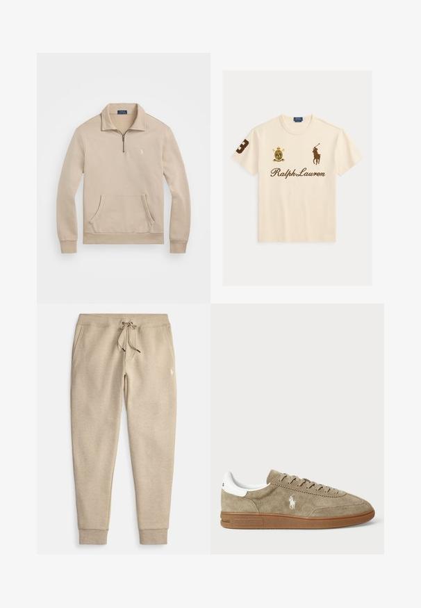 Beež pullover-sviiter, millel on veerand-tõmblukuga krae, soonikkoes mansetid, eesmine tasku ja väike logo rinnal. Pehme, fleece-tüüpi materjal.; Kreemjas Ralph Lauren t-särk pruuni polosõitja logoga, parema varruka peal number 3 ning vasakul rinnal vapiembleemiga.; Beežid püksid pehmest kangast, millel on nööriga vöökoht, küljetaskud ja soonikkoes mansetid. Reiel väike logo.; Tammepunased sneakers, millel on valged aktsendid, ümmargune varvas ja nööridega disain. Omab rikka logot ja kummi tallat, mis tagavad hea haarde.