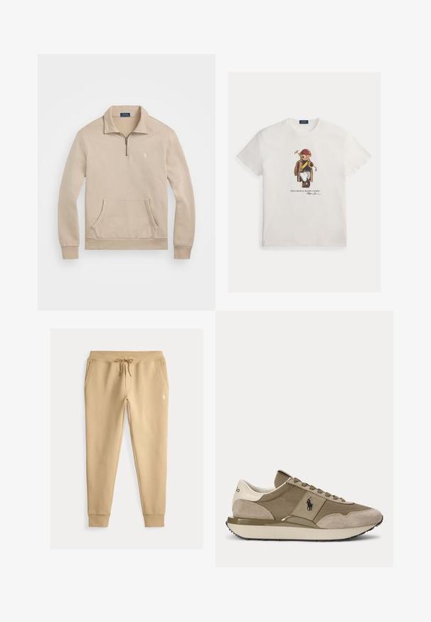 Beež pullover-sviiter, millel on veerand-tõmblukuga krae, soonikkoes mansetid, eesmine tasku ja väike logo rinnal. Pehme, fleece-tüüpi materjal.; Valge puuvillane t-särk, millel on kujutatud karu, kes kannab pruuni ruudulist jopet, siniseid pükse ja punast töömütsi ning hoiab tööriista.; Beezit värvi kitsad dressipüksid paelaga vöökohal, küljetaskud, soonikkäärid ja väike valge tikandiga logo vasakul reiel.; Bežide ja pruuni tossu külgvaade, millel on seemisnahast detailid ja Polo logo küljes, ühevärvilise tausta ees.