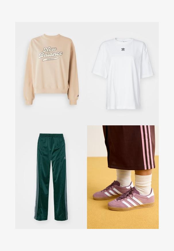 Beige Sweatshirt mit geripptem Kragen und Bündchen. Mit großem "New Balance Athletics" Logo in dunkelgrau. Weiche Textur, entspannter Schnitt.; Weißes T-Shirt mit kurzen Ärmeln aus Baumwolle. Verfügt über einen Rundhalsausschnitt und ein kleines schwarzes Adidas-Logo auf der Brust. Gerader Saum.; Dunkelgrüne Sporthosen aus glänzendem Material, mit seitlichen Streifen in Hellgrau und einem gestickten Logo auf dem linken Bein.; Lila Wildlederschuhe mit weißen Streifen, Gummisohle und strukturierten Akzenten, kombiniert mit gerippten weißen Socken und einer braunen Trainingshose mit rosa Streifen.