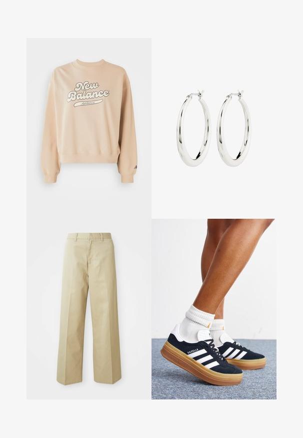 Beige dressipluus ribatera ja varrukaotstega. Suurel tumedashallil "New Balance Athletics" logol. Pehme tekstuur, lõdva istuvusega.; Beezid laiad püksid, mis on valmistatud siledast puuvillast. Omavad sirget lõiget, vöökonnapanemeid ja esipocketeid.; Jalad valgete sokkide ja mustade Adidas Gazelle tossudega, millel on valged triibud ja paksud pruunid tallad, halli vaibaga põrandal.; Hõbedased rõngaskõrvarõngad siledast ja läikivast viimistlusest. Ringikujuline, sisaldab kindlat kinnitust. Lihtne ja elegantne disain.